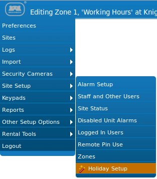 Holiday zones menu. 